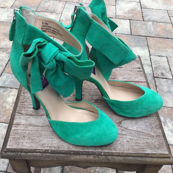 Sexy green MOJO Moxy high heels zipper back bow suede shoe size 6.5 stiletto - Picture 1 of 6